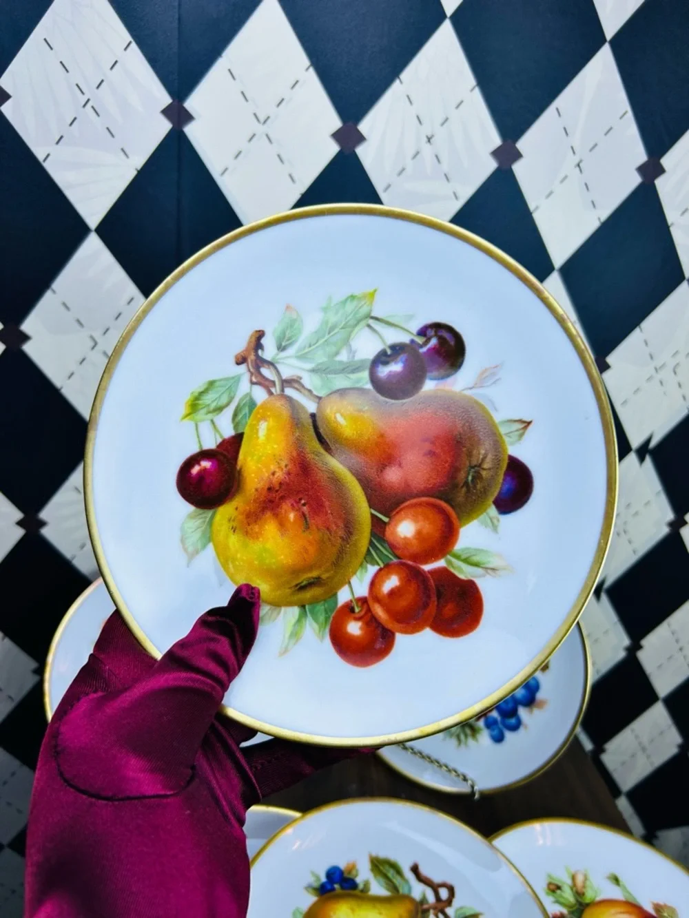 Vintage Mitterteich Bavaria Fruit Plates Set‎ of 6 Gold Rim German Porcelain